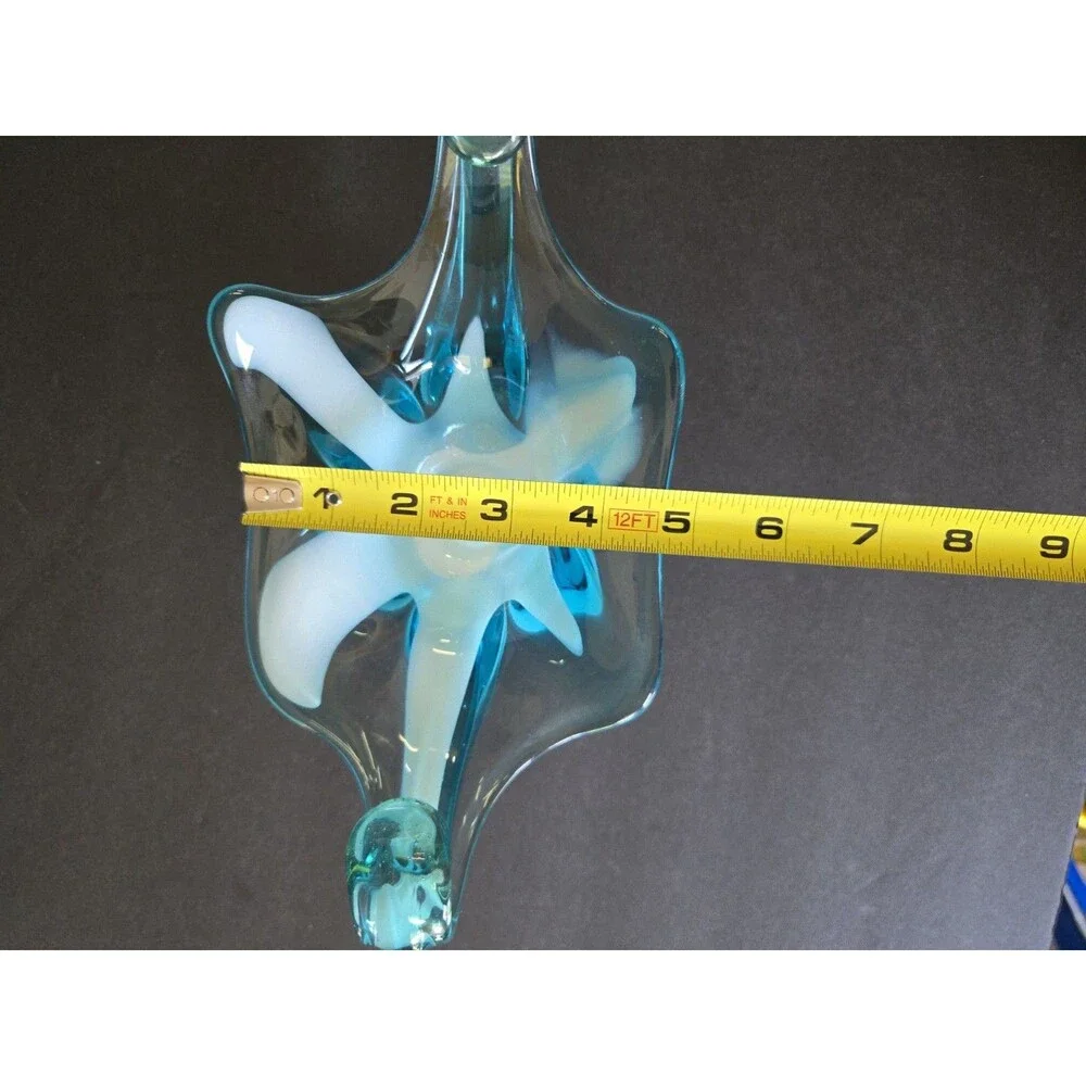 Vintage Aqua Blue & White Starfish Glass Centerpiece Bowl Freeform Retro Decor